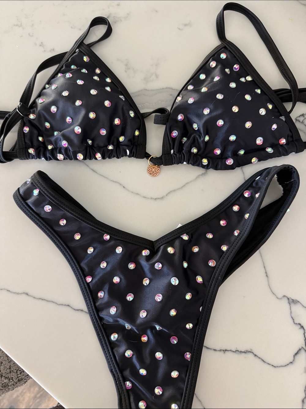 Black Rhinestone Triangle Bikini Set - Women Swim